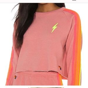 Aviator Nation Bolt Classic Crop Crew Sweatshirt Pink and Neon Stripes Sz XS